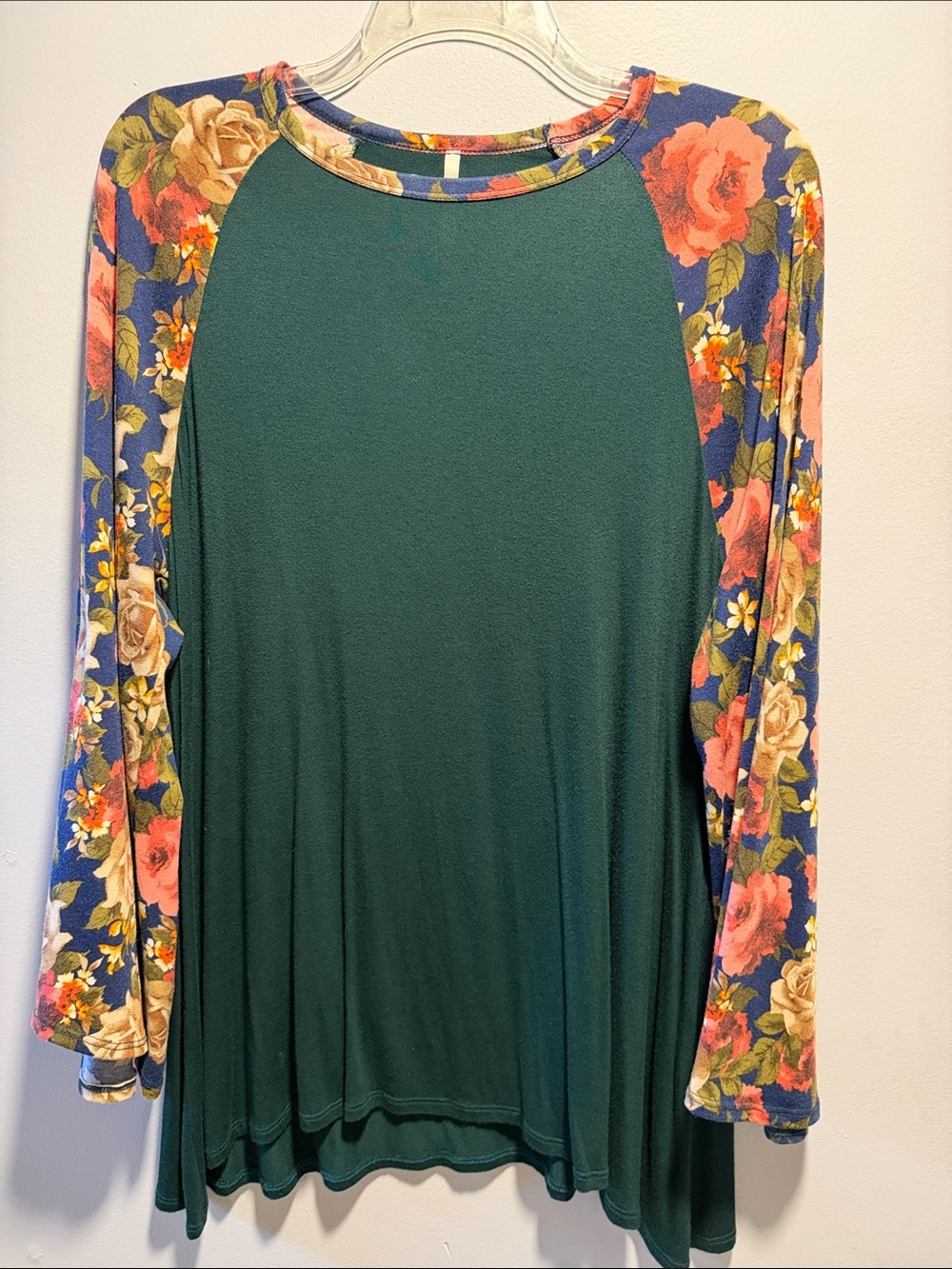 Women's Forest Green Raglan Floral Sleeve Top Tunic